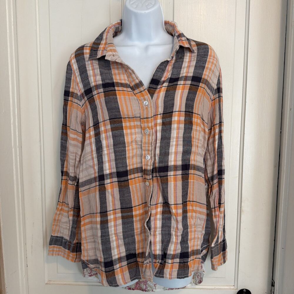 Cino Mixed Media Flannel Plaid Paisley Button Down Shirt Boho Top Small